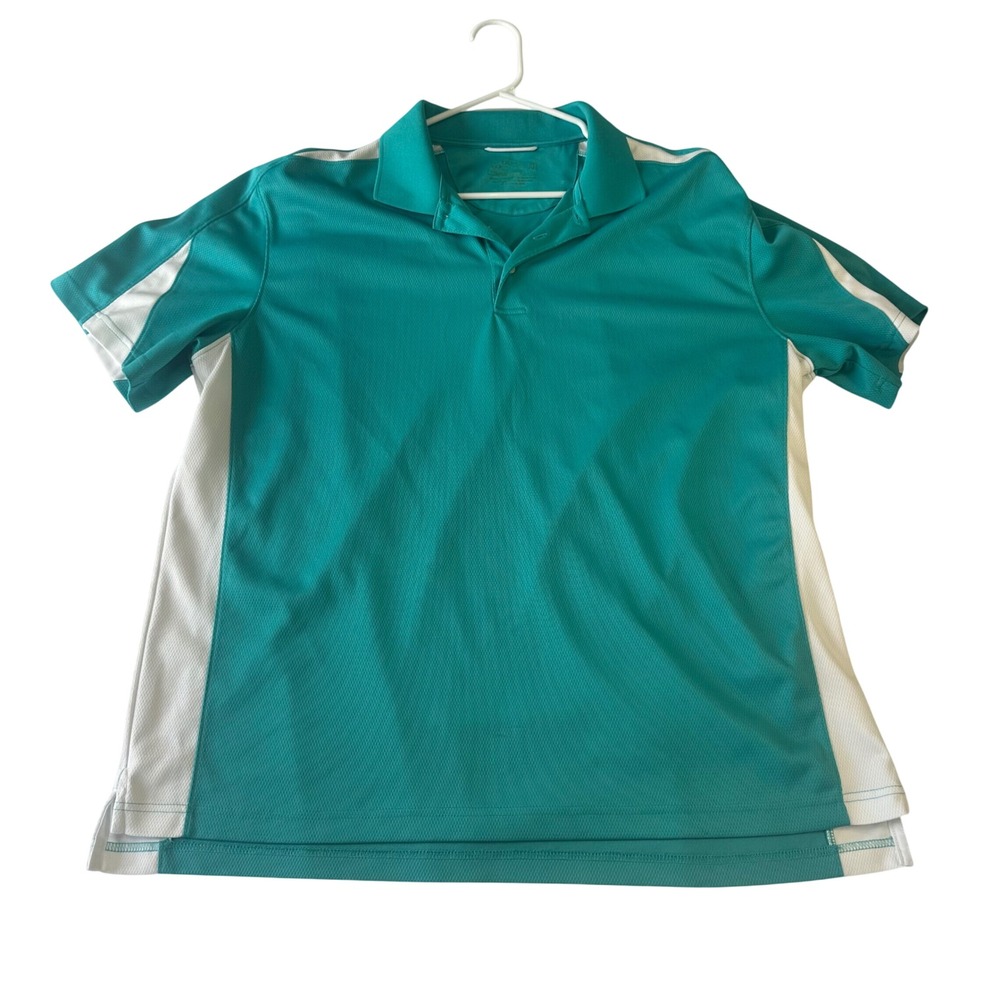 Chaps Mens XL Performance Polo Shirt Teal Green White Colorblock Golf Top